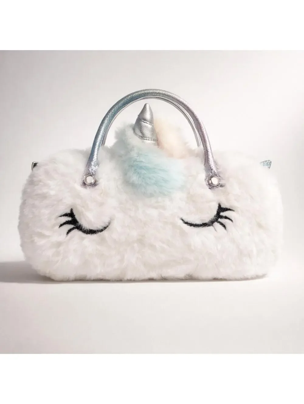 White Unicorn Plush Sun Glasses Case with Silver Handles and Glitter Wings